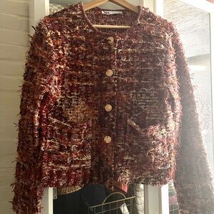 Zara Multi-Color Rust Bouclé Button Jacket